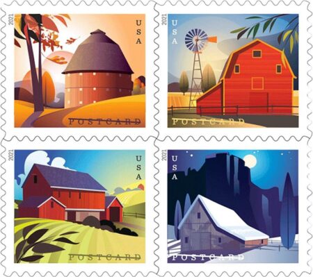 POSTCARD Stamps: Barns Postcard Stamps 2021 (100 pcs) - Not First-Class Forever Stamps